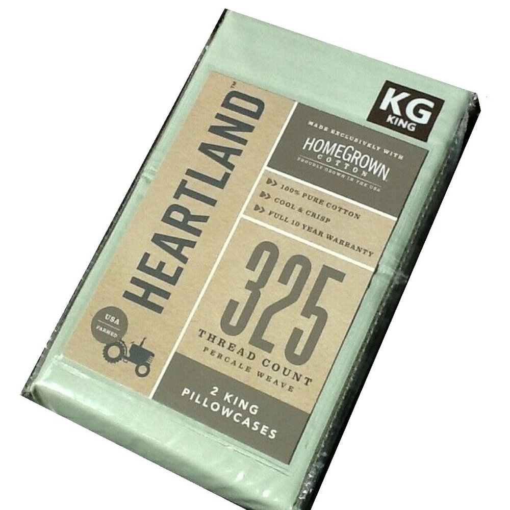 new LIGHT GREEN Heartland 325 Thread Count 100% Cotton Percale KING Pillowcases